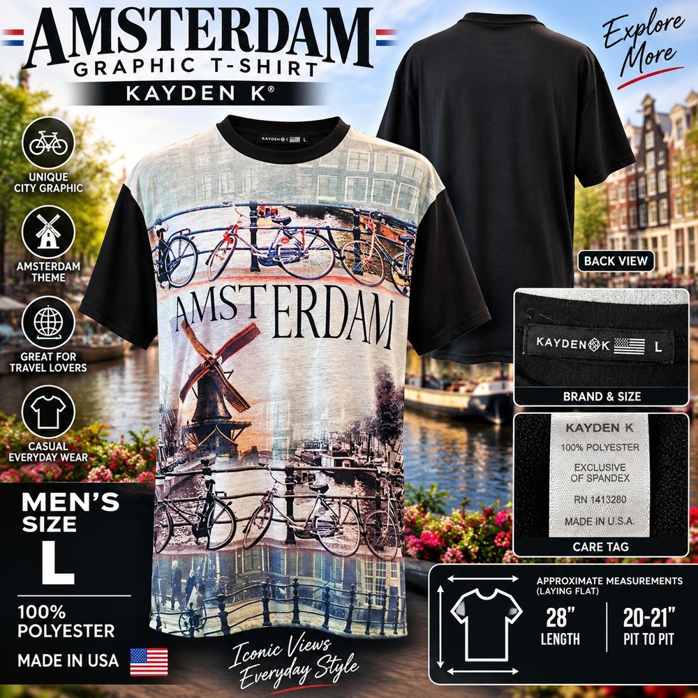 Kayden K Amsterdam Graphic T-Shirt Mens Large Black Windmill Bicycle Travel Tee